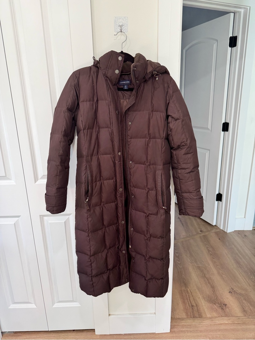 Lands' End Women's Long Brown Quilted Puffer Coat with Hood
